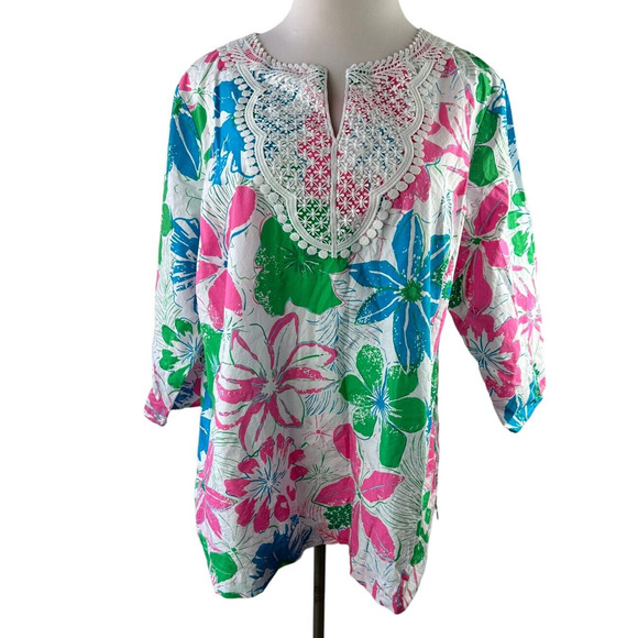 Talbots Lace Bib Tunic - Anguilla Floral Popover Split Neck Top Plus Size 3X - Picture 6 of 11